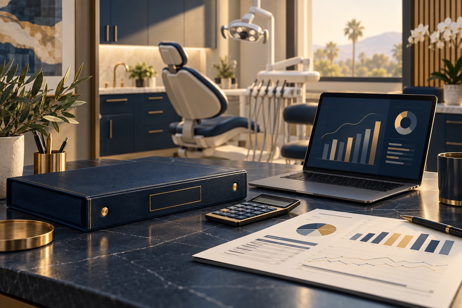 Illustration of organized financial records and a cash-flow dashboard in a navy-and-gold dental practice setting.