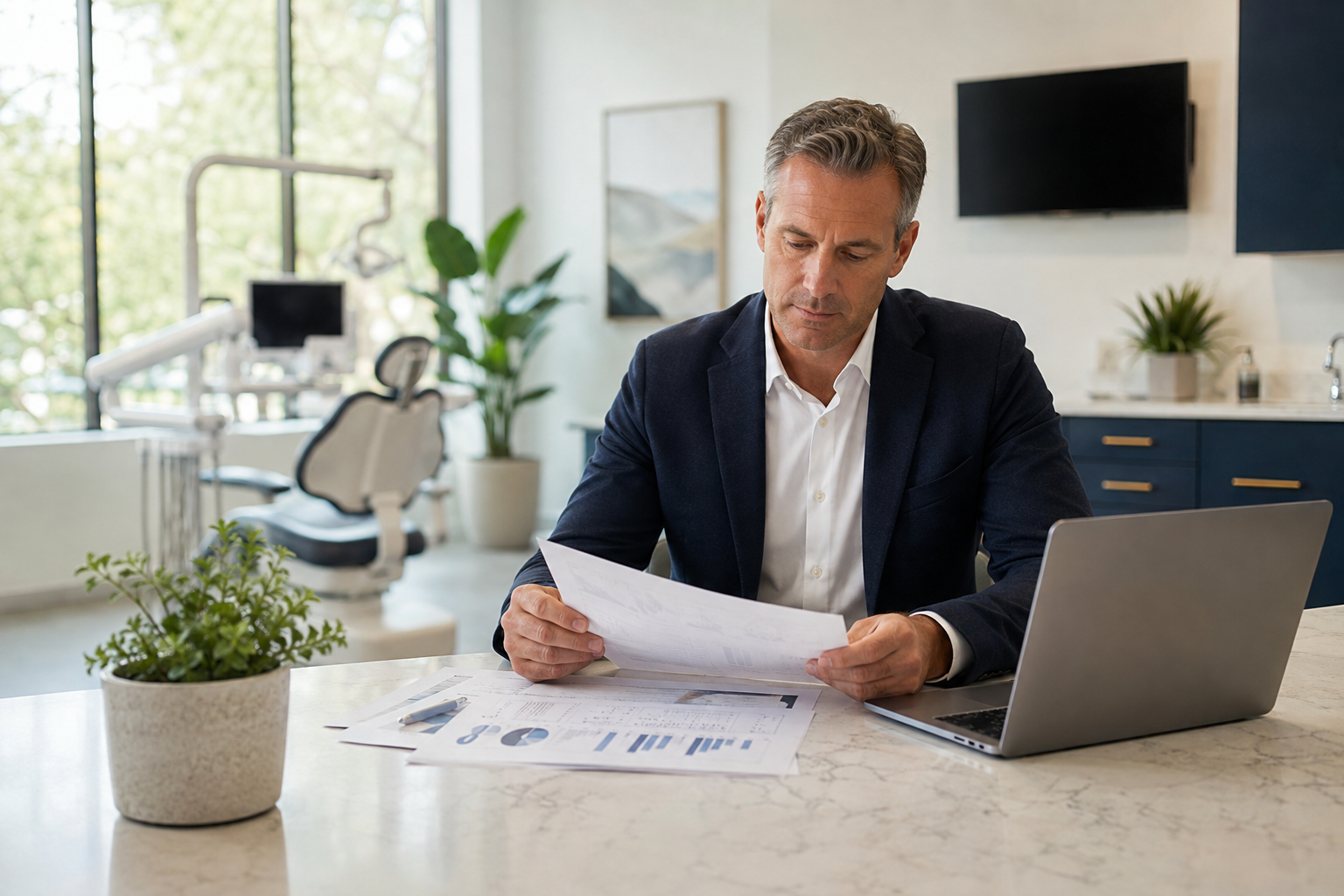 Dental practice owner reviewing financial information in a modern dental office